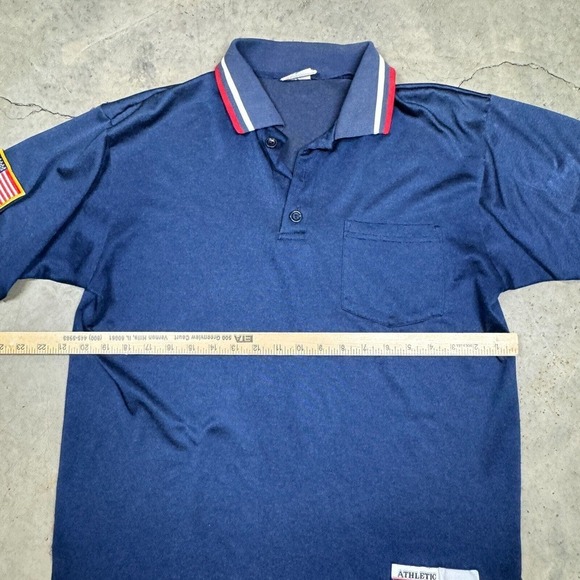 Vintage Majestic Polo Shirt Blank USA Flag Patch Mens Medium Blue Collared - Picture 7 of 8